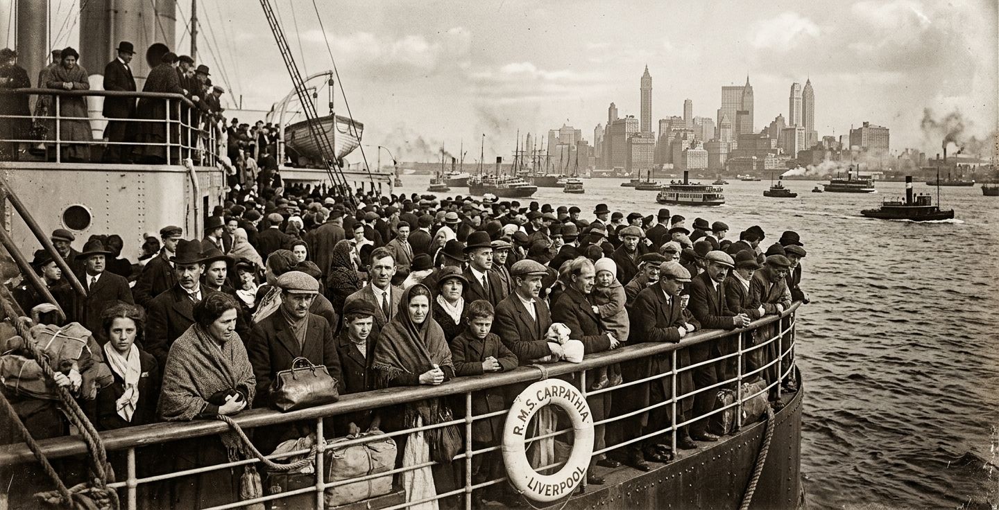 A vintage sepia photograph of hopeful immigrants arriving on a large steamship in New York Harbor looking towards the city skyline