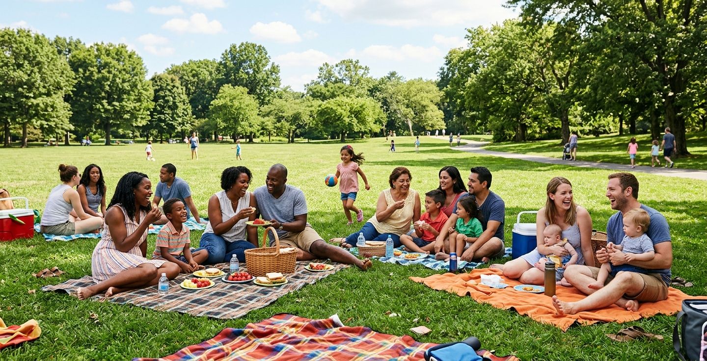 A bright and sunny park scene showing diverse families enjoying a summer picnic together sitting on the green grass