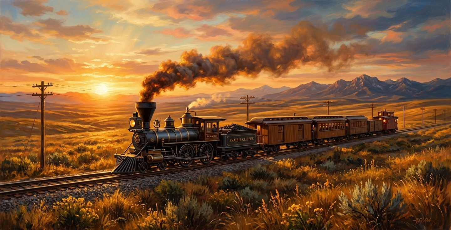 An uplifting oil painting style illustration of an 1800s steam locomotive crossing a vast American prairie at sunset. Warm golden light fills the sky.