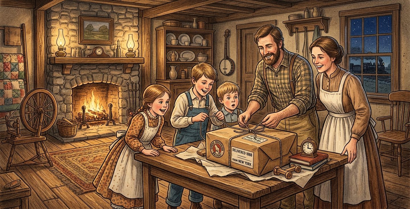 A nostalgic and warm illustration of a 19th century American family in a rustic farmhouse eagerly opening a package delivered by the railroad.