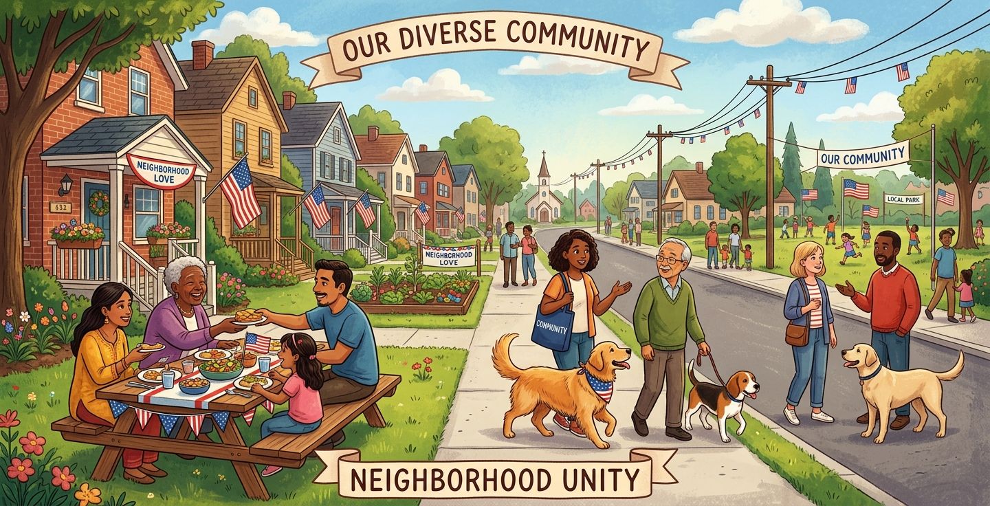A warm illustration of a diverse neighborhood street block in America featuring people of different backgrounds talking walking dogs and sharing meals stylized in an uplifting and patriotic tone