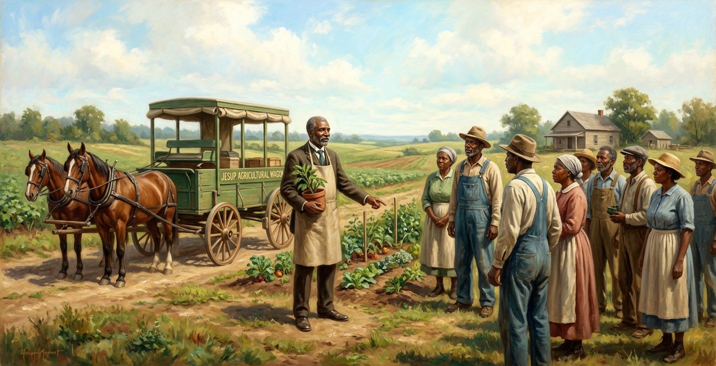 A historical painting style image of George Washington Carver standing next to his Jesup Agricultural Wagon teaching a group of farmers in a rural field under a bright hopeful sky