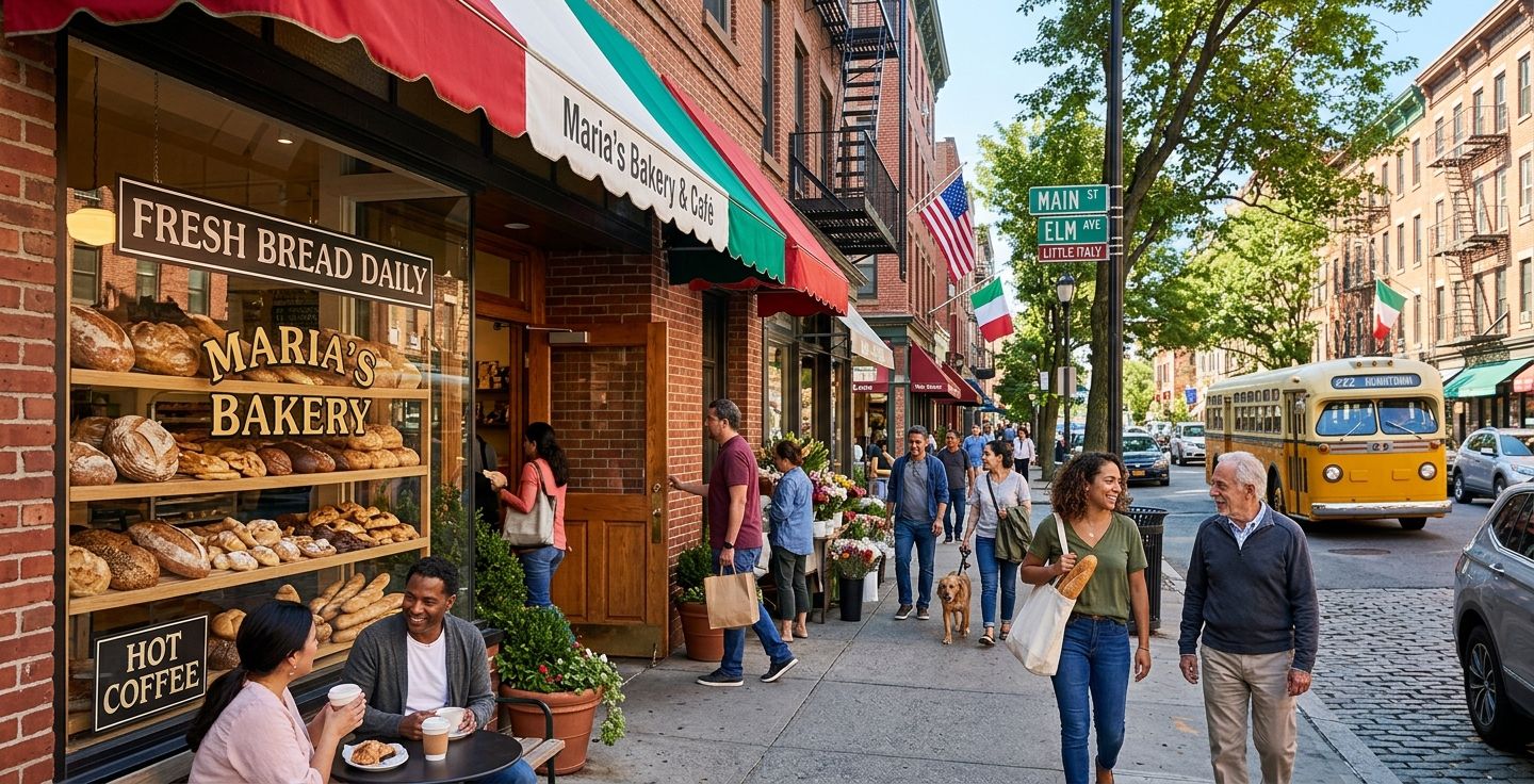 A vibrant sunny morning on an American city street corner in an ethnic neighborhood featuring friendly people walking on the sidewalk and a cozy local bakery with fresh bread displayed in the window