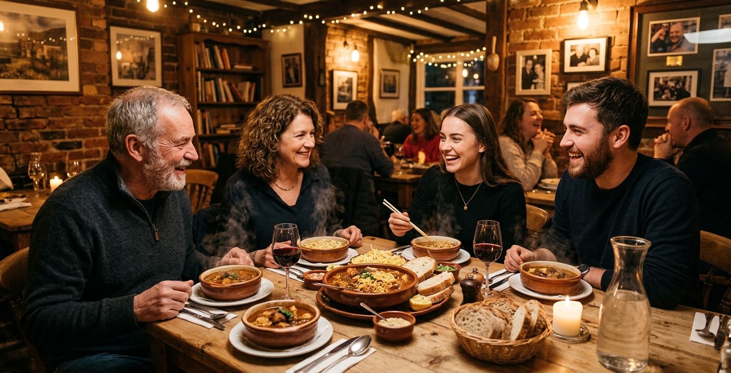 The warm inviting interior of a small family owned neighborhood restaurant showing a cozy table with steaming bowls of traditional food and happy people sharing a meal together