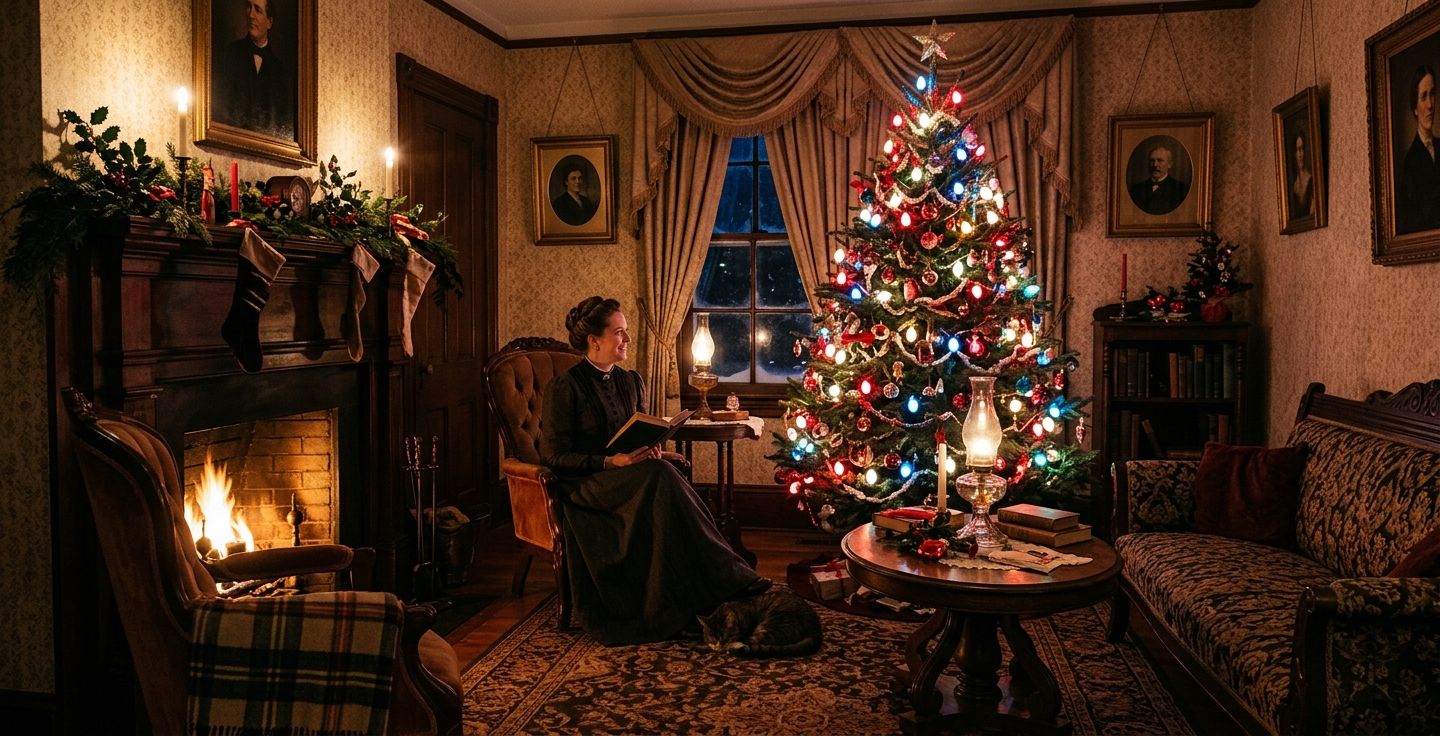 A cozy late 19th century American parlor with a Christmas tree decorated with early electric red white and blue light bulbs glowing brightly