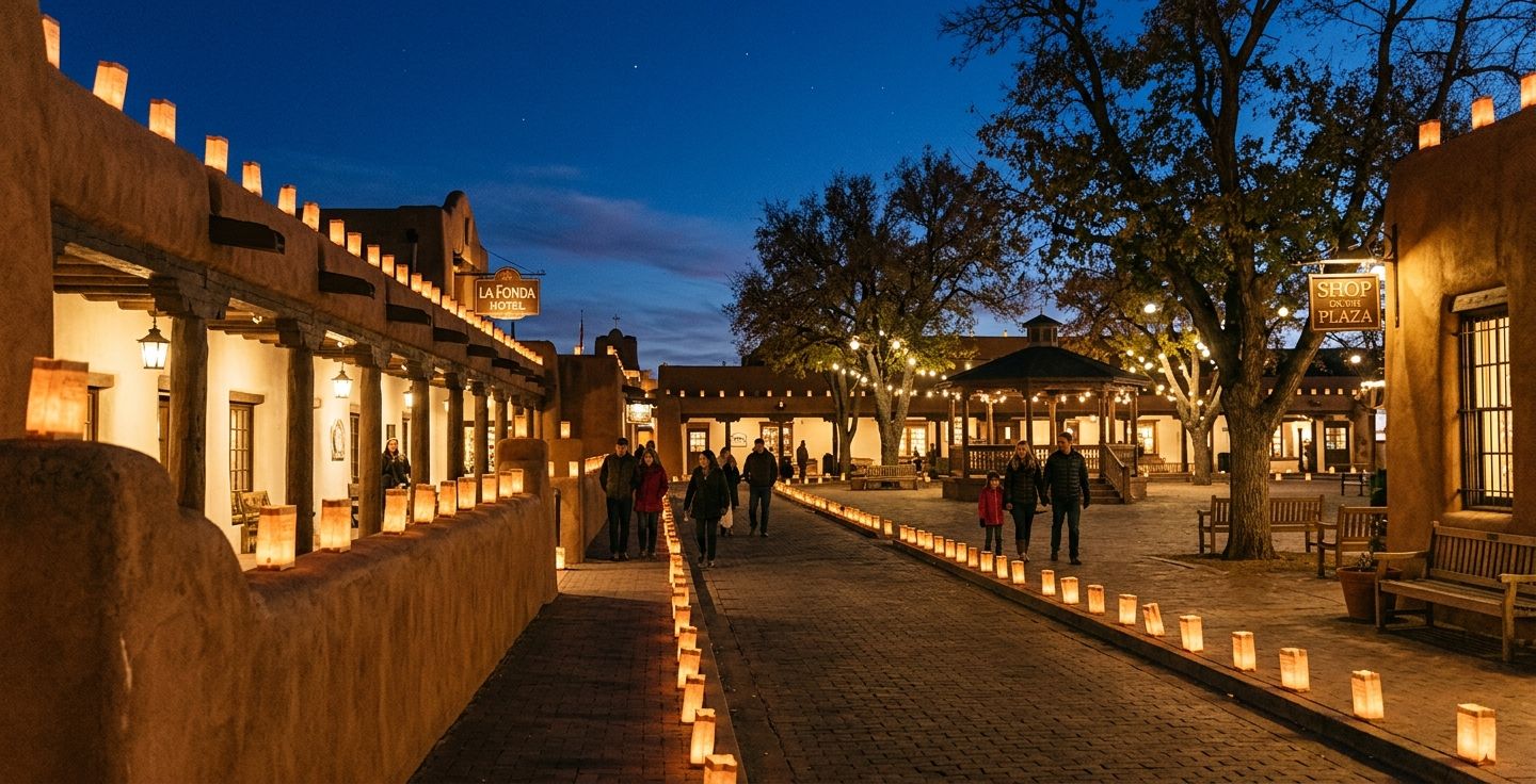 A peaceful evening in a historic Southwestern town plaza lined with glowing paper bag luminarias along adobe walls casting a golden light