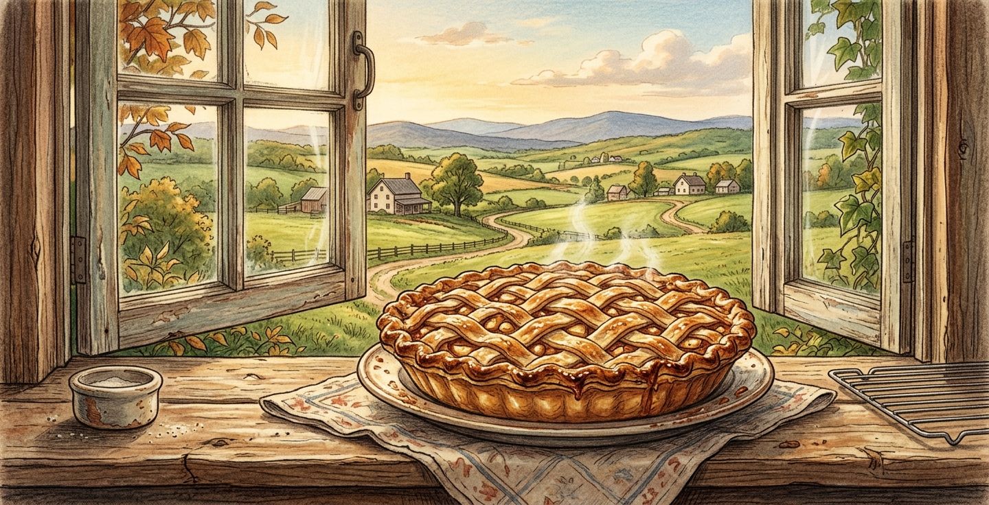 A vintage style illustration of a freshly baked apple pie cooling on a rustic wooden windowsill with a soft American landscape in the background