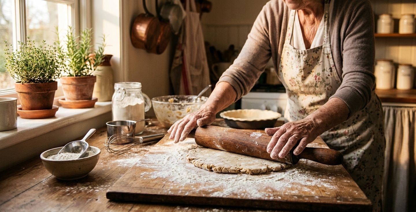 A warm inviting kitchen scene showing an older persons flour dusted hands rolling out pie dough on a wooden counter bathed in golden afternoon sunlight