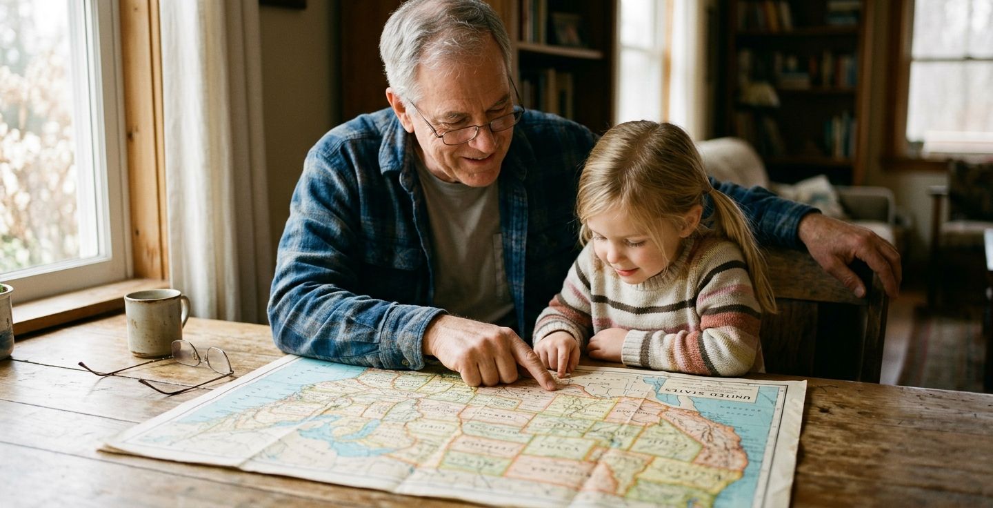 Older American man and young child looking at a vintage map of the United States spread out on a wooden table with soft morning light