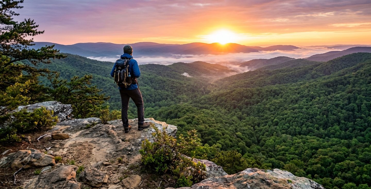 A hiker standing on a rocky overlook in the Appalachian Mountains watching a bright sunrise over a vast green forest