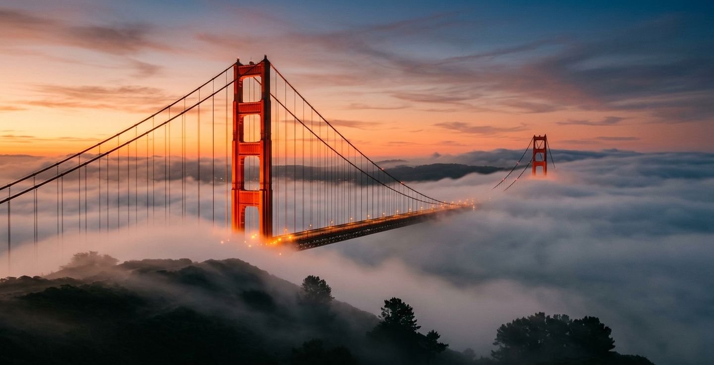A warm cinematic photograph of the Golden Gate Bridge emerging from thick morning fog at sunrise with bright orange towers glowing