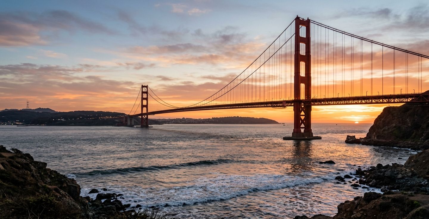 A beautiful wide angle shot of the Golden Gate Bridge at sunset with gentle ocean waves in the foreground and a clear view of the structural cables