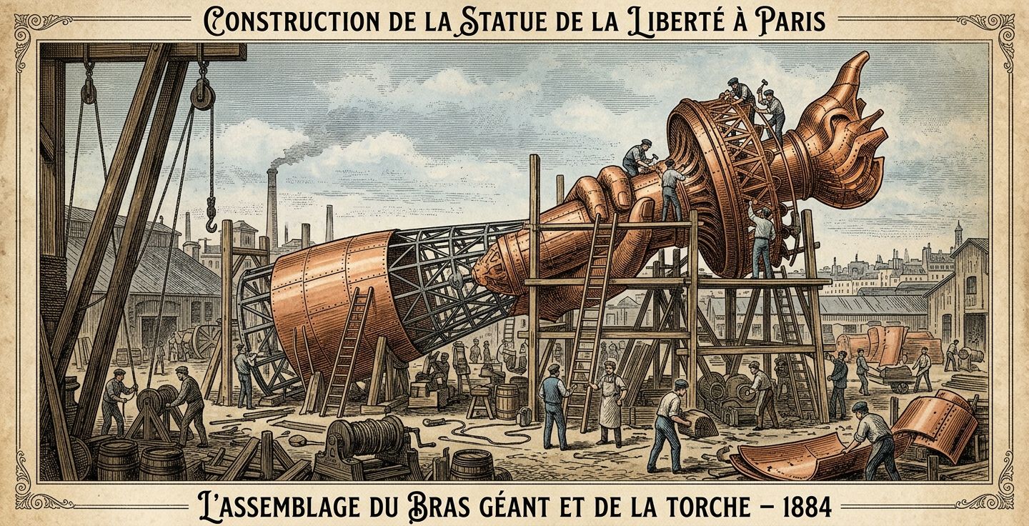 A vintage style illustration of the Statue of Liberty under construction in Paris with workers assembling the giant copper arm and torch