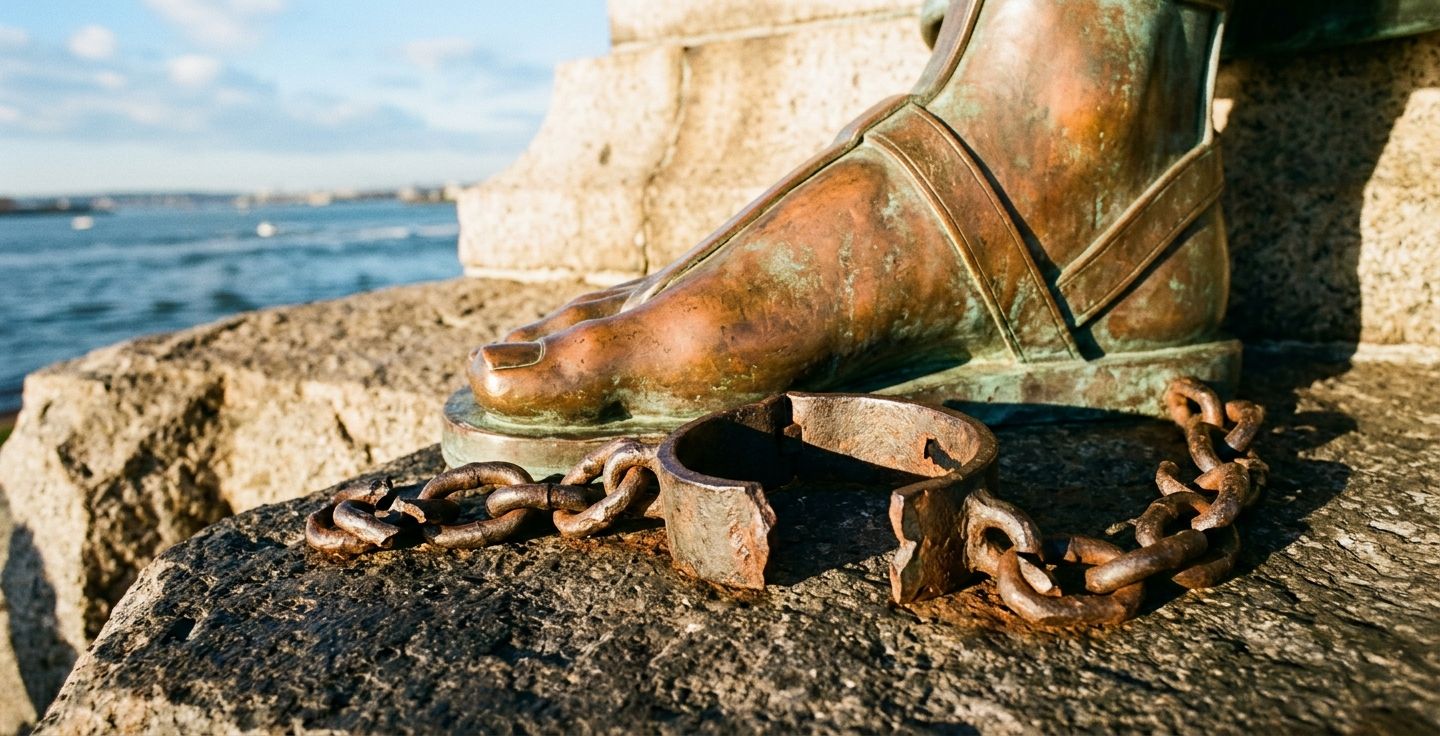 A close up view of the broken shackles at the feet of the Statue of Liberty with bright morning sunlight shining on the copper metal