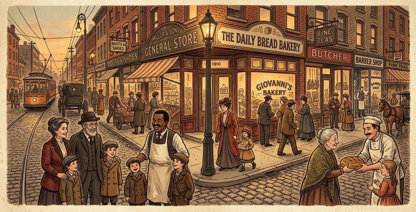 A vintage style illustration of an early 1900s American street corner bustling with diverse shop owners and families interacting warmly