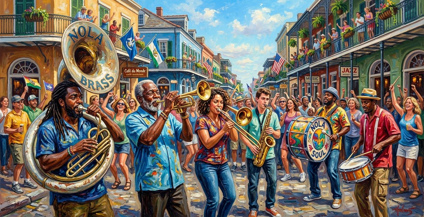 A vibrant colorful painting of diverse musicians playing brass instruments and drums together on a sunny street in New Orleans