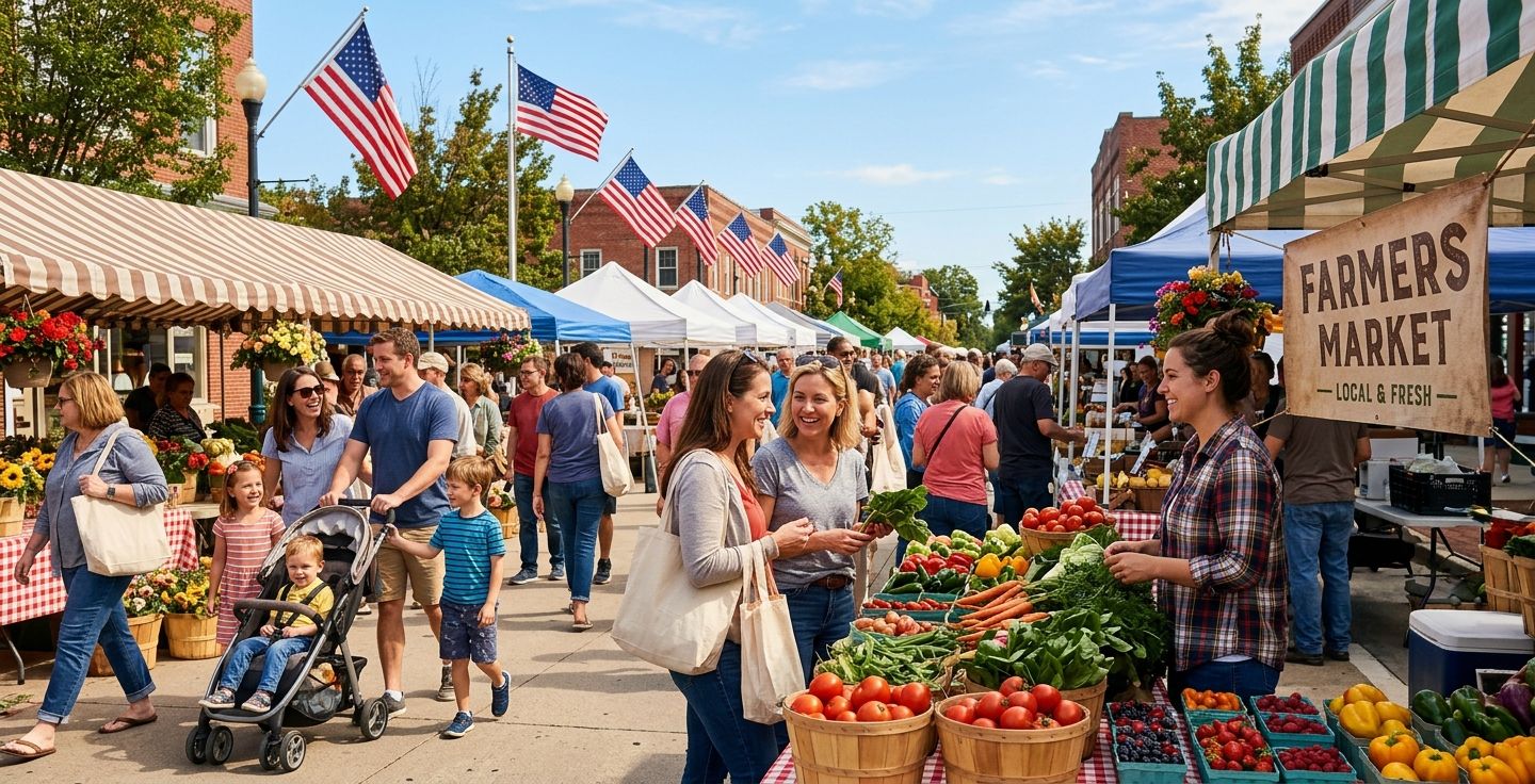 A warm bustling outdoor farmers market on a sunny Saturday morning with American flags gently waving in the background families chatting and vibrant stalls of fresh vegetables