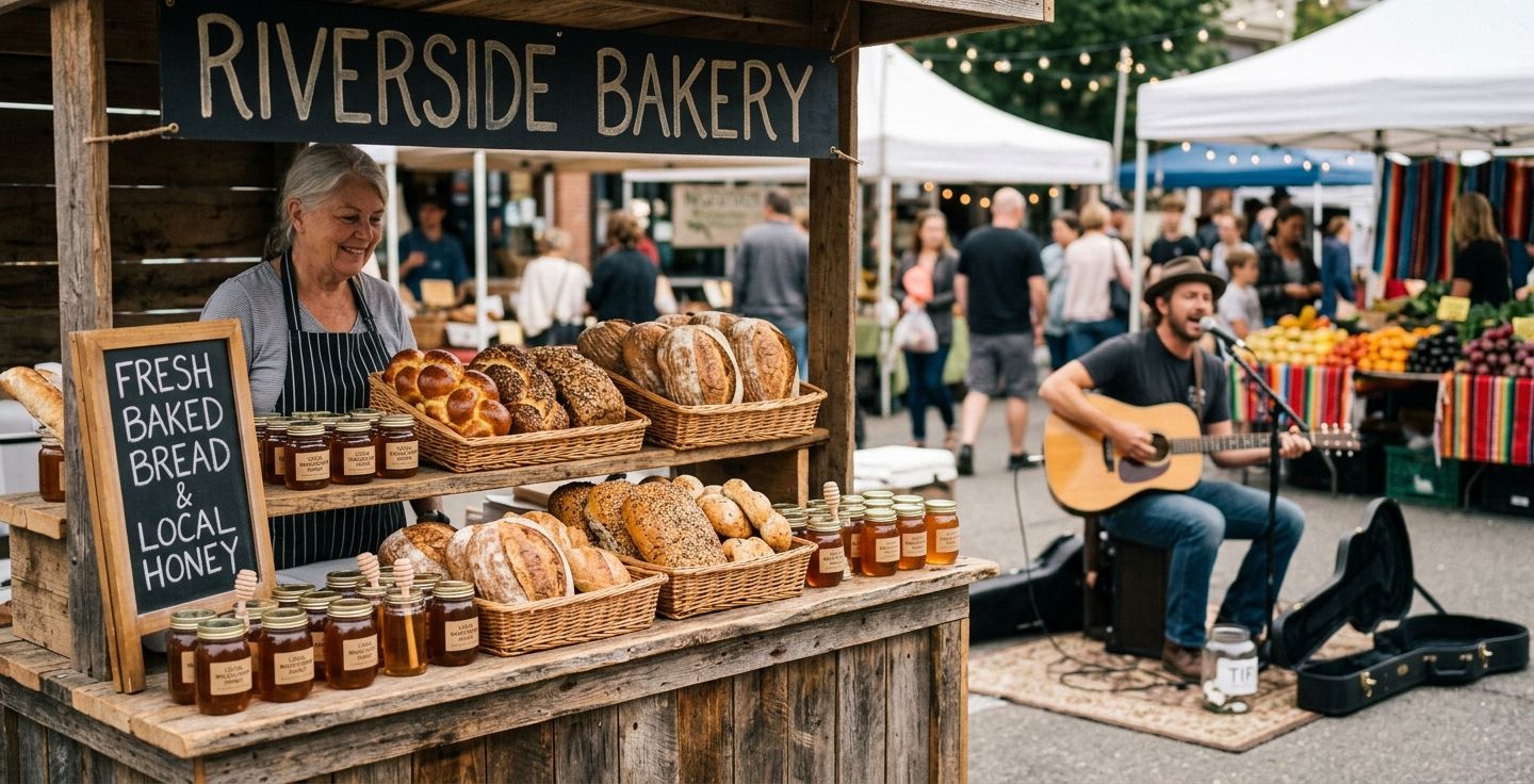 Close up of a wooden vendor stand at a local market with fresh baked breads honey jars and a musician playing acoustic guitar in the softly blurred background