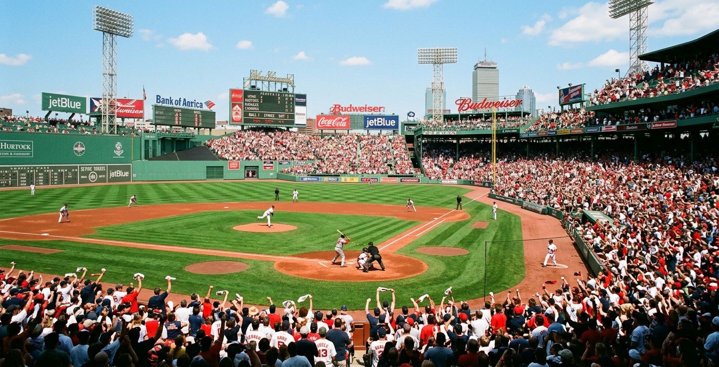 A bright sunny afternoon at an outdoor American baseball stadium with vivid green grass and a large crowd of fans cheering
