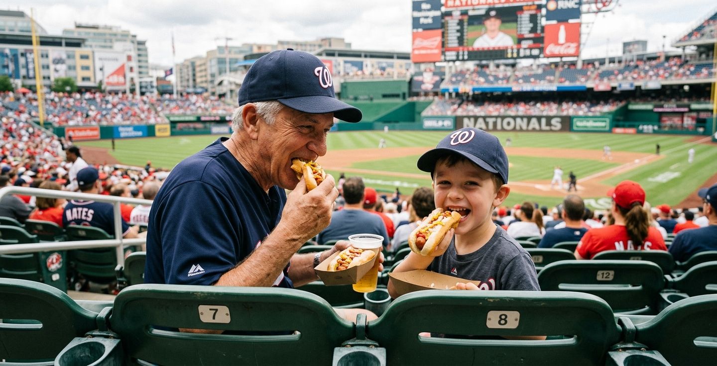 A close up of a grandfather and grandson wearing matching team baseball caps smiling and eating hot dogs in stadium seats