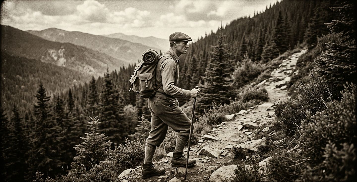 A classic sepia toned illustration of a 1940s hiker walking up a steep mountain path surrounded by dense forest, wearing vintage outdoor clothing and carrying a basic canvas rucksack.