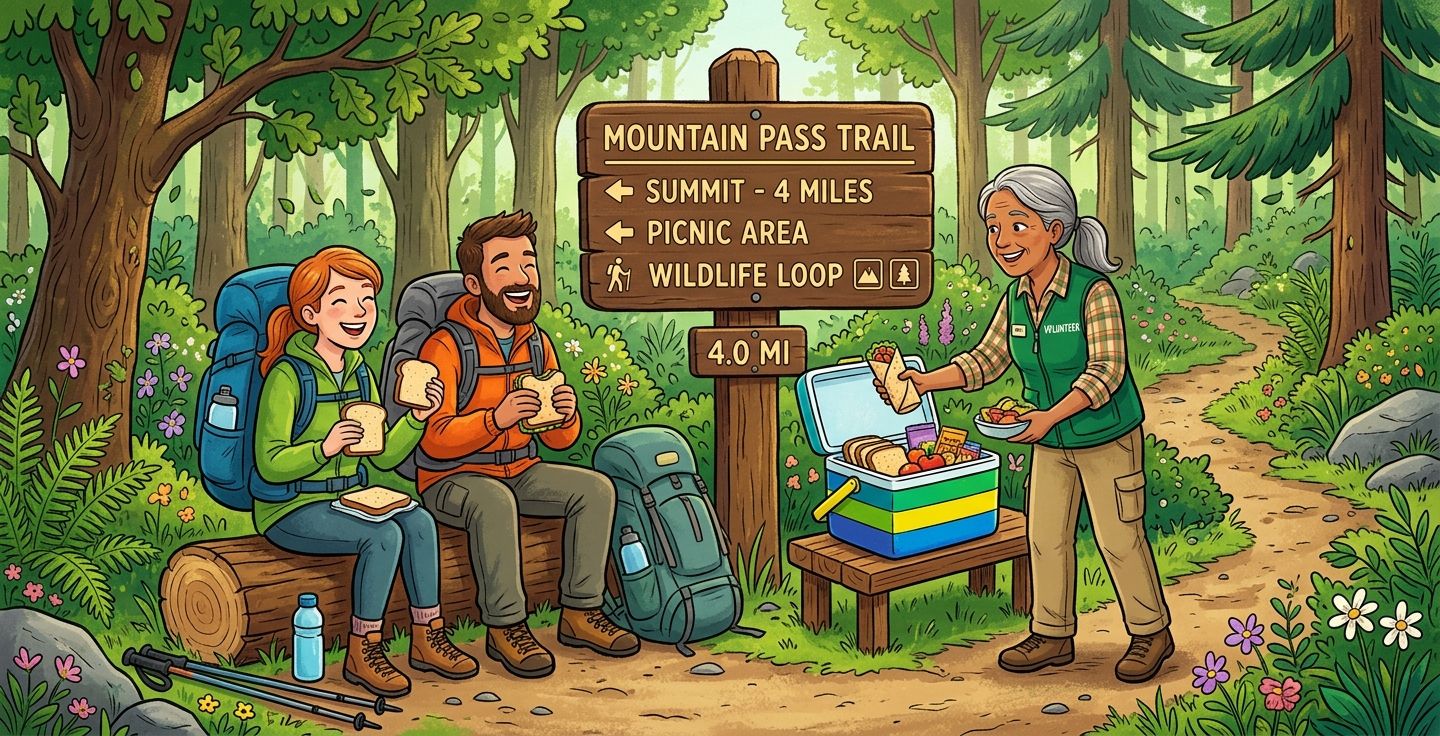 A bright and colorful illustration of hikers with large backpacks resting at a wooden trail sign, sharing food from a cooler with a friendly local volunteer in a lush green woodland.