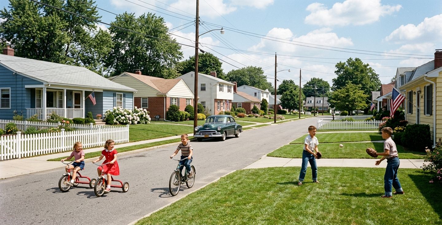 A 1950s style American suburban neighborhood with neatly manicured green lawns white picket fences and children playing in the sun