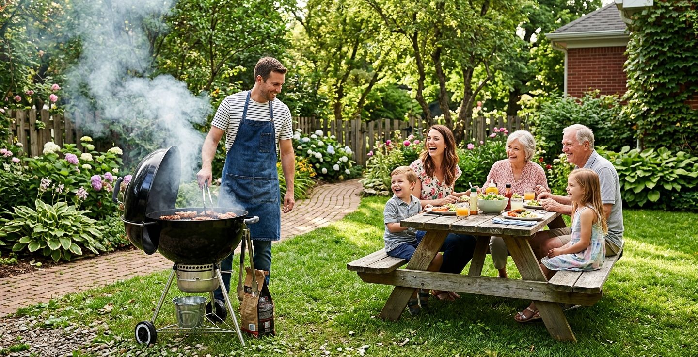 A classic dome shaped charcoal grill smoking in a lush green backyard with a happy family gathered around a wooden picnic table