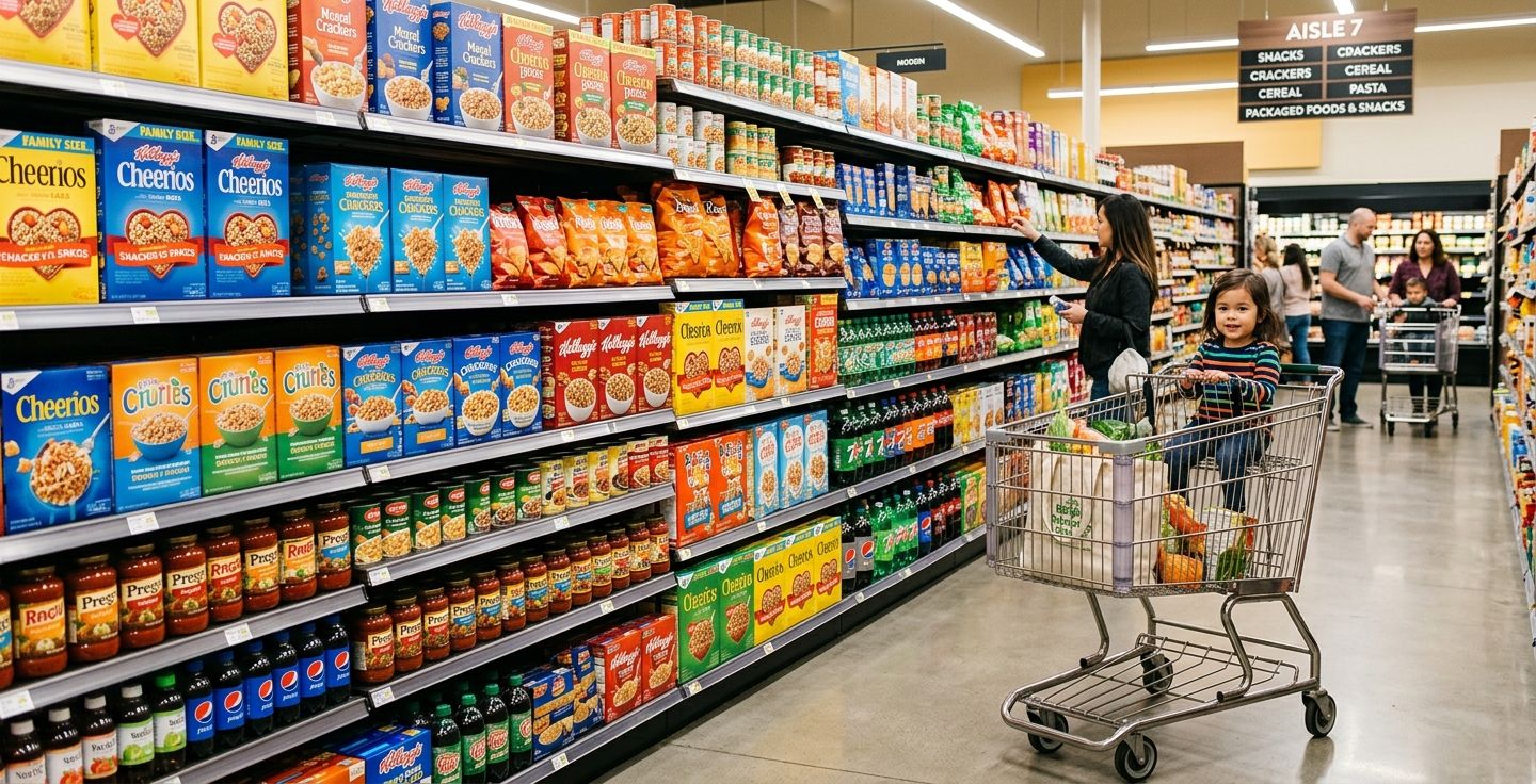A colorful well stocked aisle in a modern American grocery store featuring bright lighting neatly organized shelves with various food products and a shiny metal shopping cart in the foreground