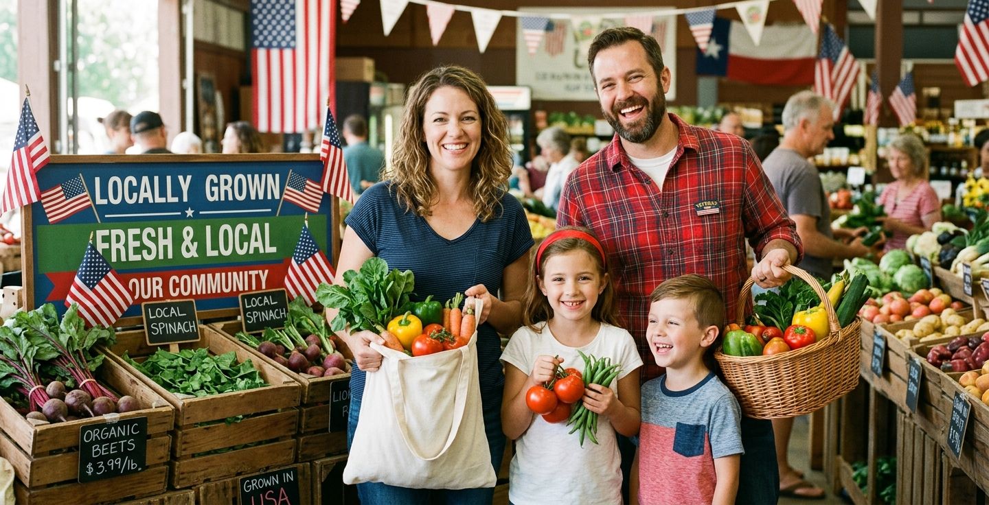 A cheerful American family shopping for fresh produce at a local grocery store holding locally grown vegetables smiling warmly showing a patriotic and community focused atmosphere