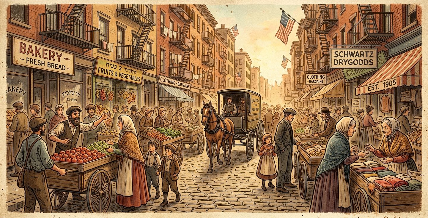 Vintage style illustration of an early 1900s bustling immigrant street market in an American city warm lighting hopeful atmosphere