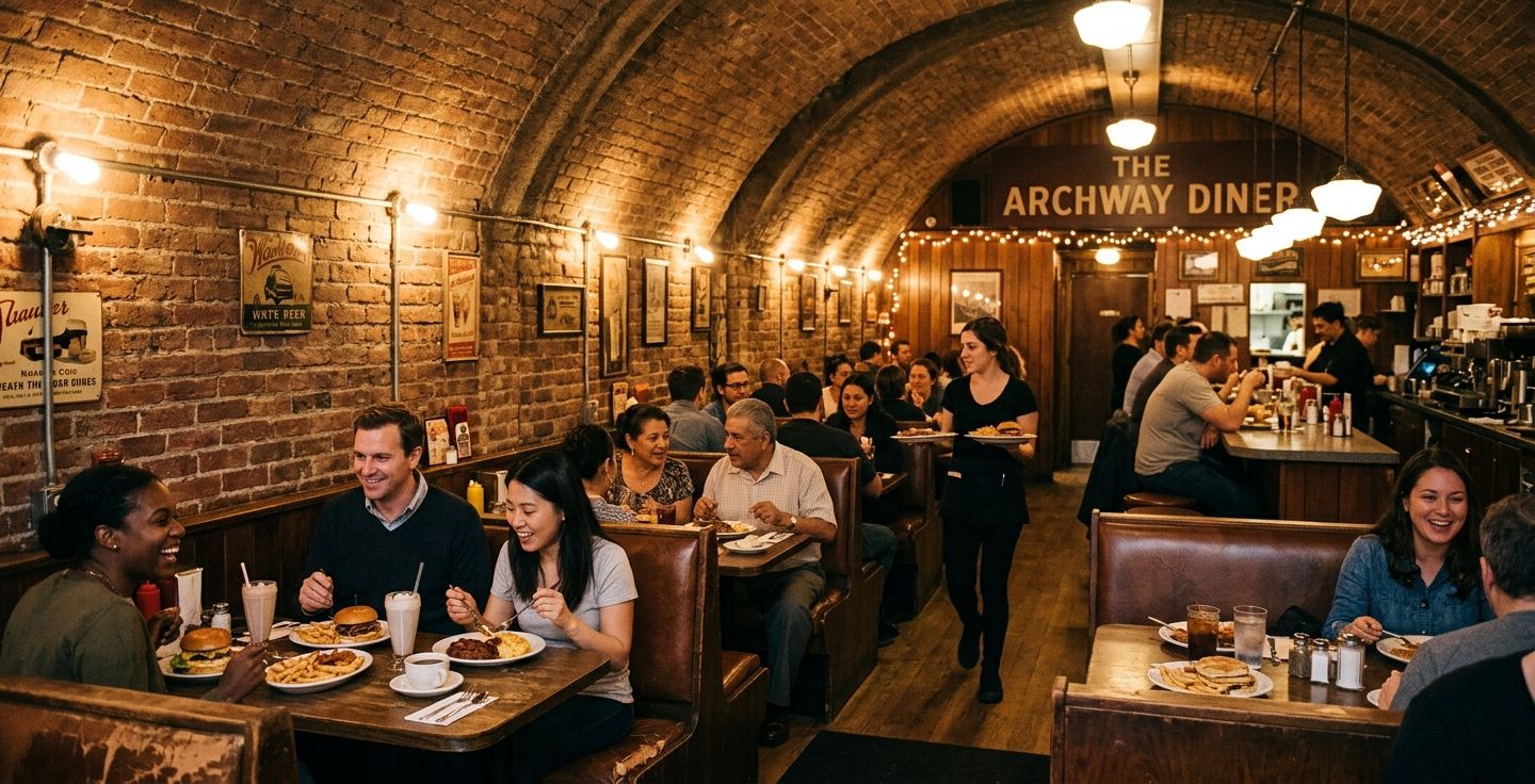 A cozy neighborhood diner showing diverse people enjoying food together under arched brick ceilings nostalgic and friendly mood
