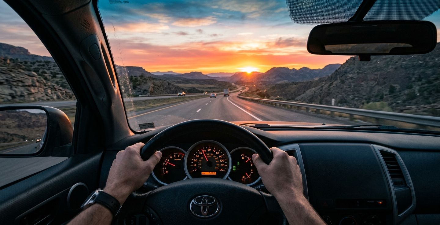 A view from the inside of a car looking out over the steering wheel at a long scenic highway stretching into the distance during a beautiful sunrise