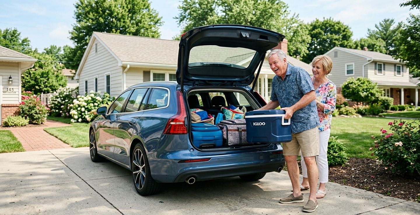A happy older couple packing suitcases and a blue cooler into the trunk of a clean station wagon parked in a bright suburban driveway