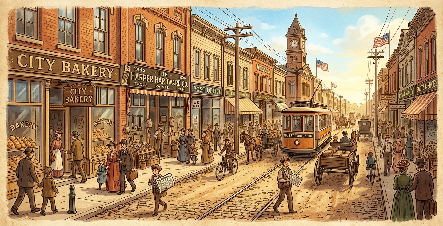 A warm vintage style illustration of an early 1900s American main street bustling with small businesses bakeries and hardware stores conveying a sense of community and hope