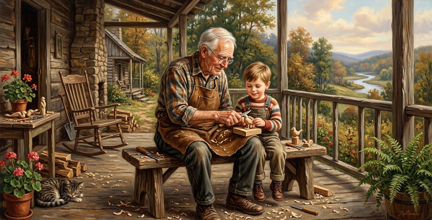 A heartwarming painting of a grandfather sitting on a rustic wooden porch teaching his young grandson how to whittle a piece of wood capturing generational wisdom and encouragement
