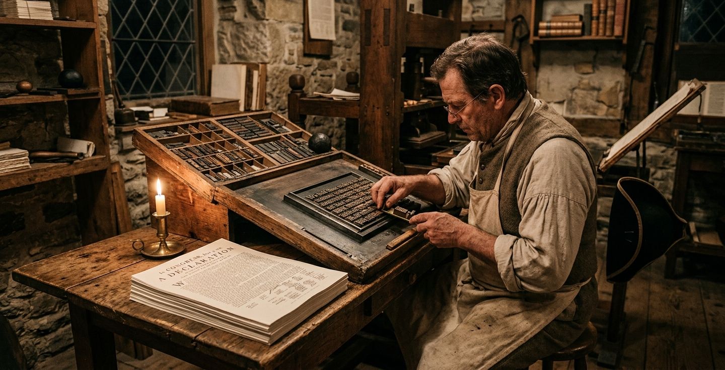 A beautifully lit historical scene showing a printer in a colonial print shop carefully setting wooden type by candlelight with fresh copies of the Declaration of Independence stacked nearby