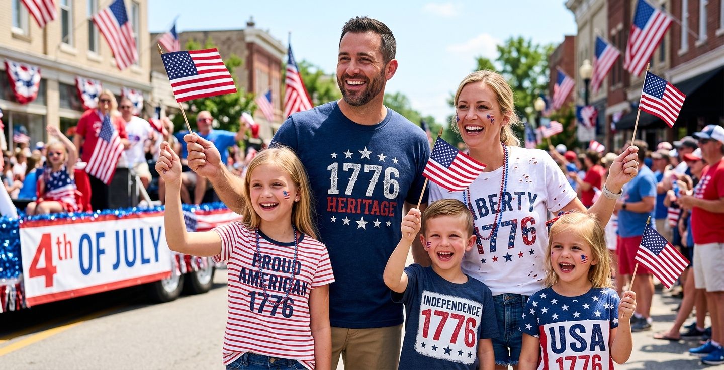A cheerful American family at a sunny Fourth of July parade wearing high quality patriotic apparel with red white and blue 1776 heritage designs smiling and holding small American flags