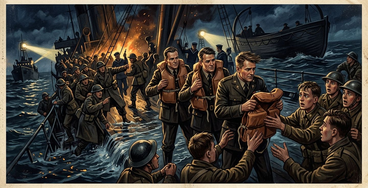 Historical illustration of four military chaplains standing on the slanted deck of a sinking World War 2 troopship at night taking off their life jackets to hand them to fearful young soldiers Intense dramatic lighting