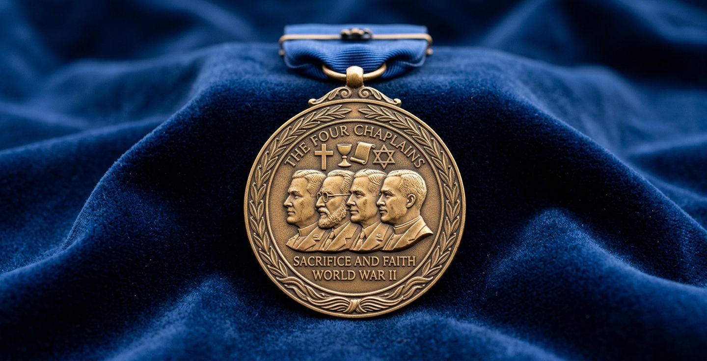 A beautifully detailed rendering of a military medal made of bronze featuring a design honoring four chaplains with symbols of Christianity and Judaism resting on folded dark blue velvet fabric