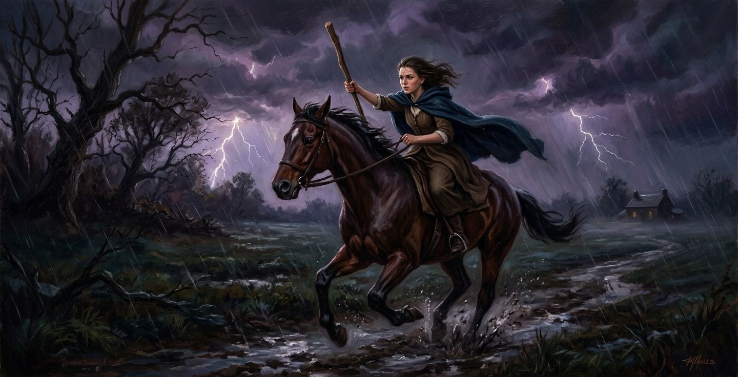 An oil painting style illustration of a brave 16 year old girl riding a horse through a dark stormy night in 1777 holding a long wooden stick