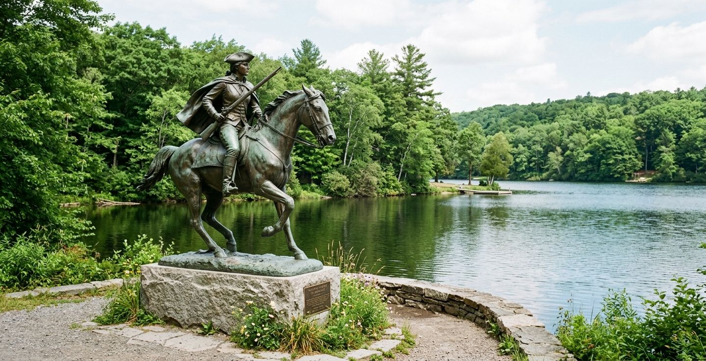 A beautiful bronze statue of a young female patriot on horseback located next to a serene lake surrounded by green trees in New York