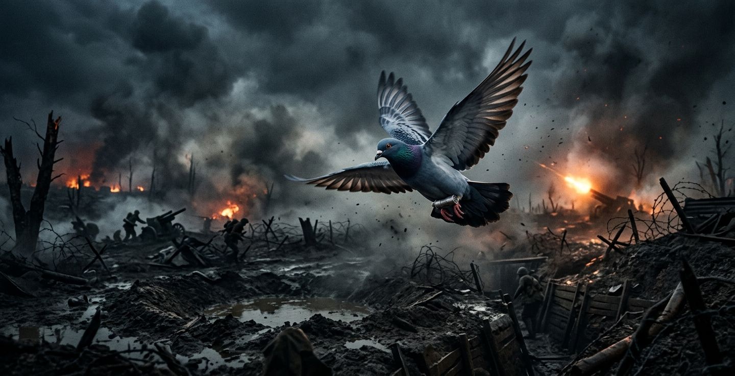 A small brave homing pigeon flying through a dark and muddy World War 1 battlefield with smoke and dramatic lighting