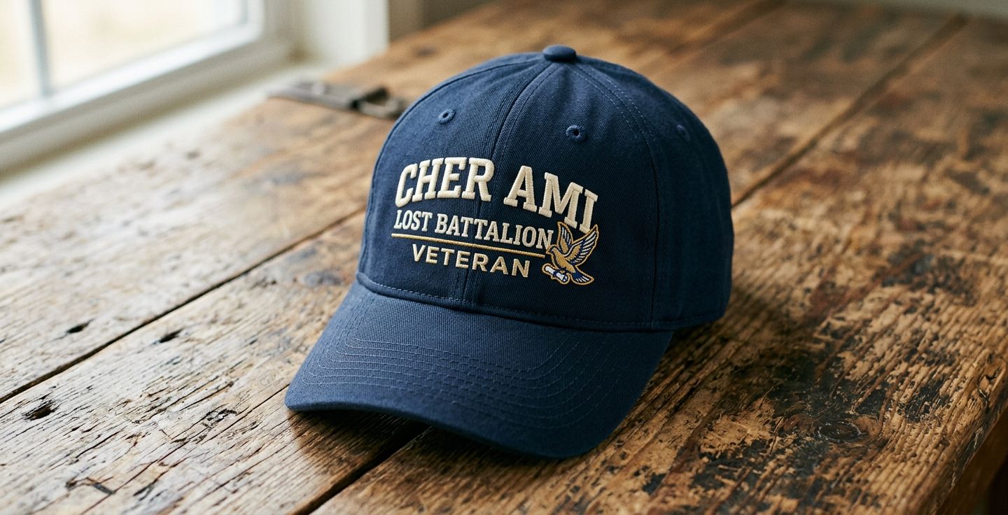 A high quality baseball cap resting on an old wooden table featuring clean vector embroidery with the text Cher Ami Lost Battalion Veteran
