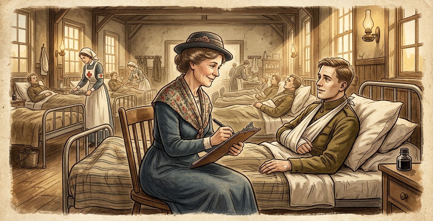 Vintage style illustration of a kind American mother sitting next to a wounded World War I soldier in a hospital ward writing a letter for him warm hopeful lighting