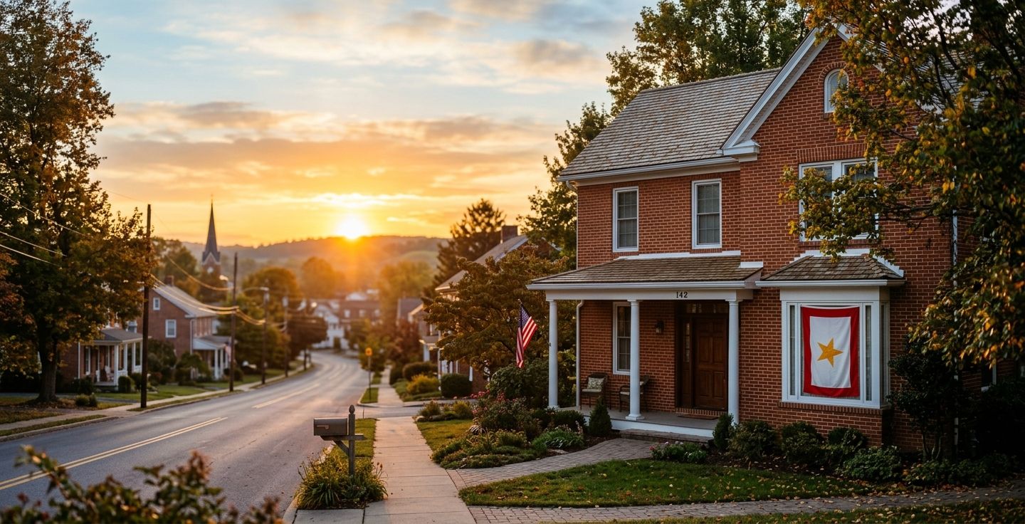 An inspiring sunrise over a small American town with a Gold Star service flag hanging in the window of a lovely brick home representing patriotism and honor