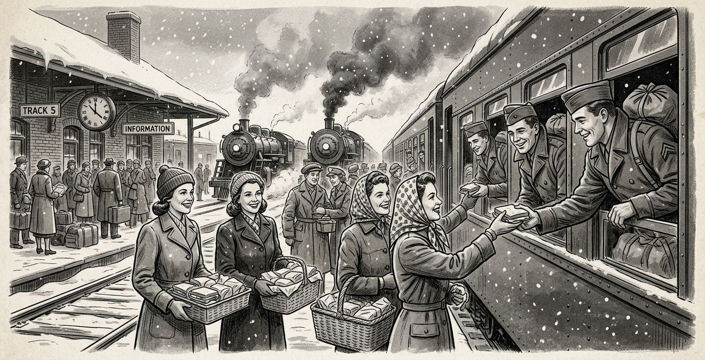 Black and white historical style illustration of a 1940s train depot in winter with smiling women handing sandwiches to soldiers leaning out of train windows