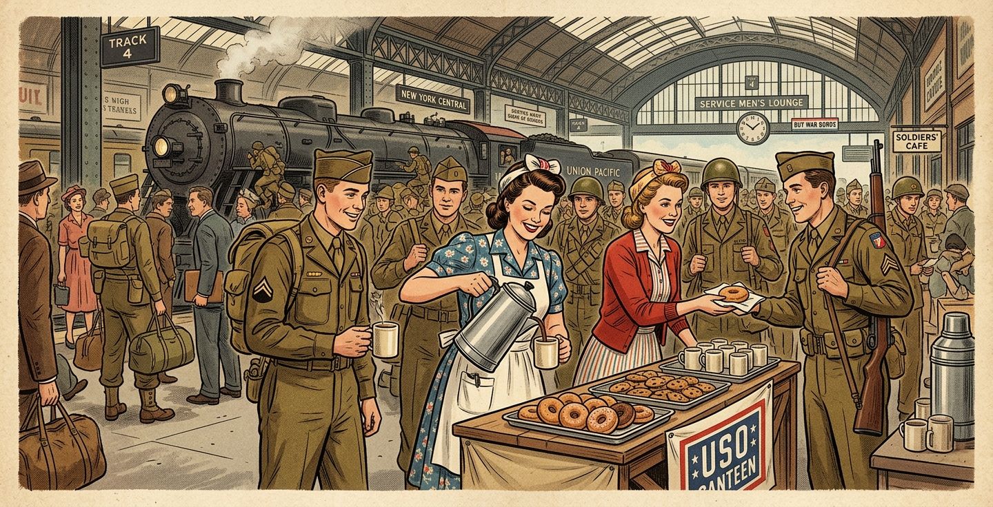 Vintage style illustration of American women in the 1940s pouring hot coffee and handing out baked goods to young soldiers at a bustling railway station