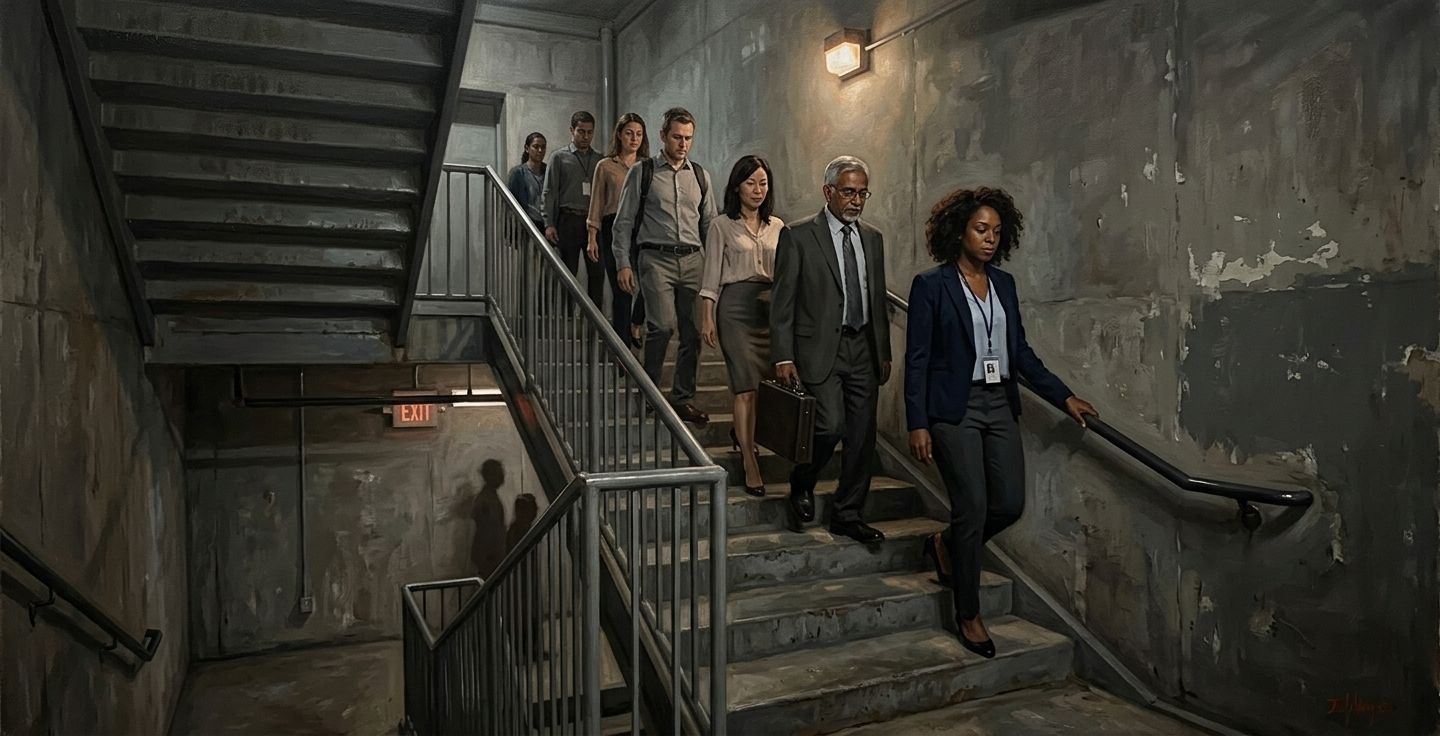 A realistic painting of a diverse group of office workers walking down a dimly lit concrete stairwell in a high rise building looking calm and orderly