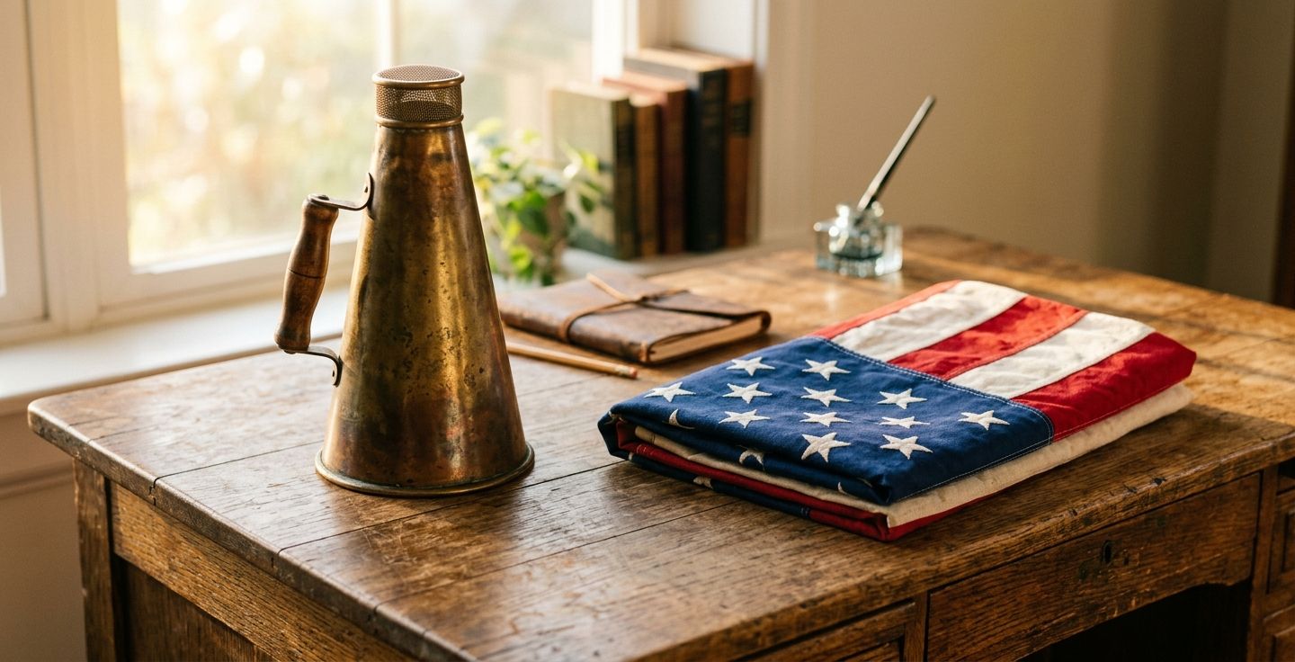 A vintage style megaphone sitting on a wooden desk next to a folded American flag bathed in warm morning sunlight